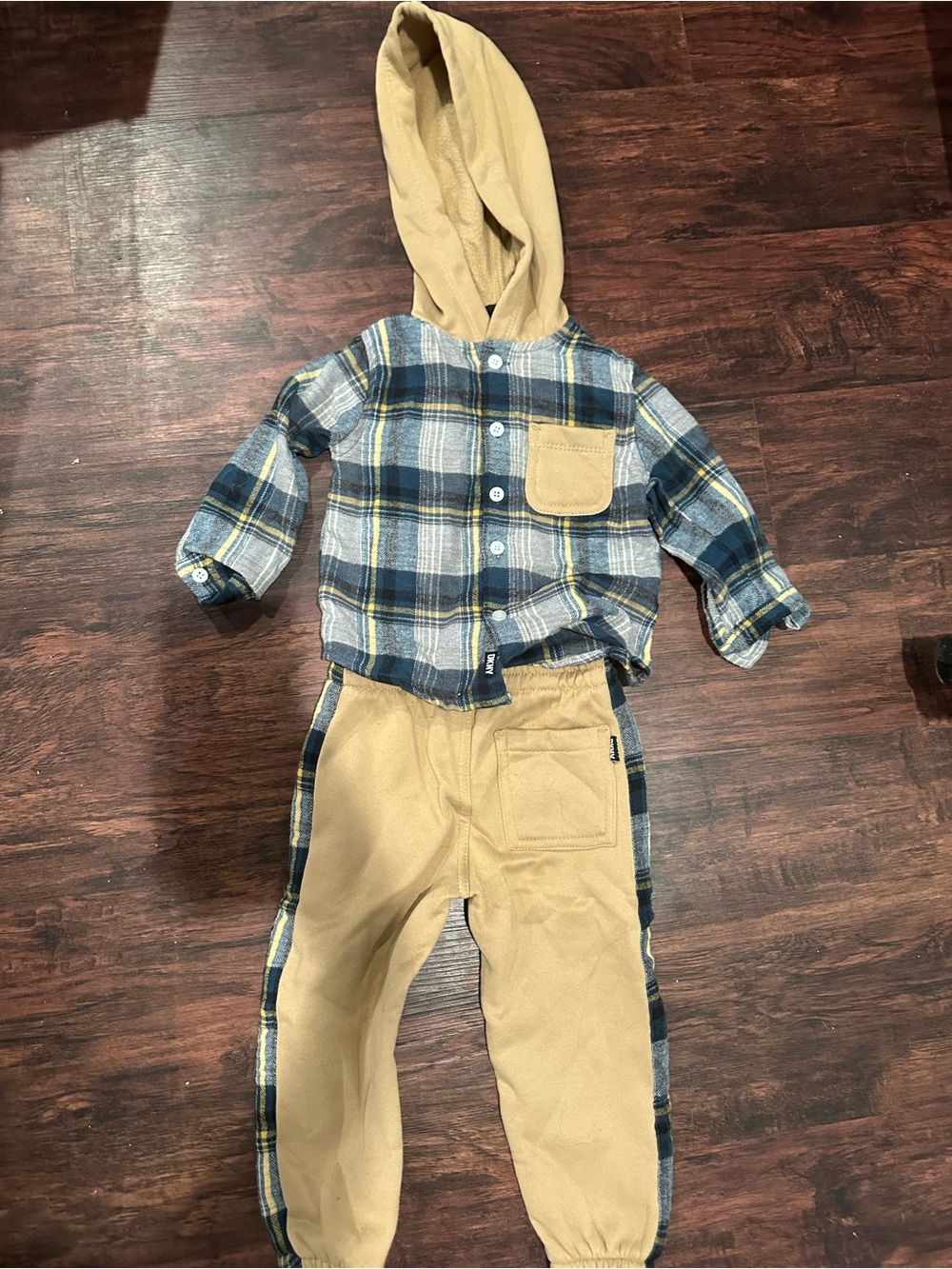 Dkny Blue and Tan Plaid Hooded Button-Up with Tan Joggers
